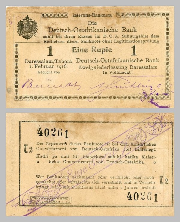 Deutsch Ostafrika 1 Rupie 1916 p19 Serie T2 ss