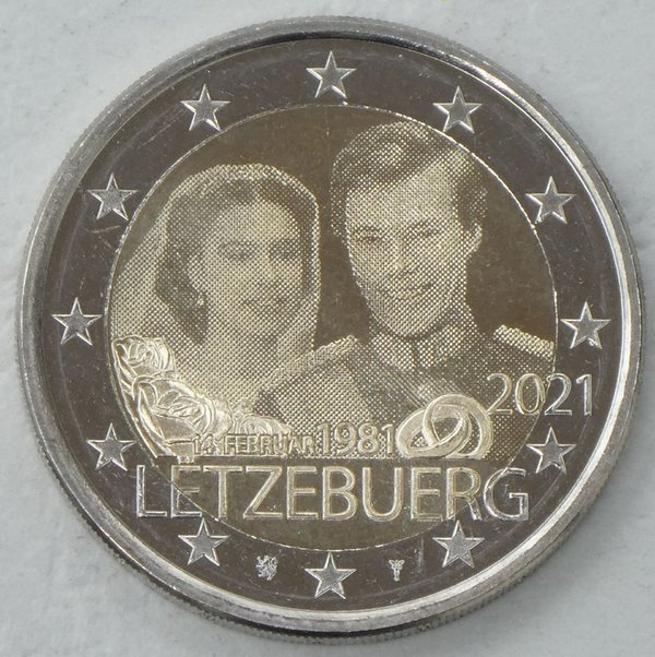 2 Euro Gedenkmünze Luxemburg 2021 40. Hochzeitstag Maria Teresa und Henri - Foto unz.
