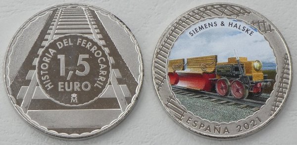 1,5 Euro Spanien 2021 Farbmünze Lokomotive Siemens & Halske unz.