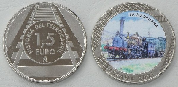 1,5 Euro Gedenkmünze Spanien 2021 Farbmünze Lokomotive La Madrilena unz.