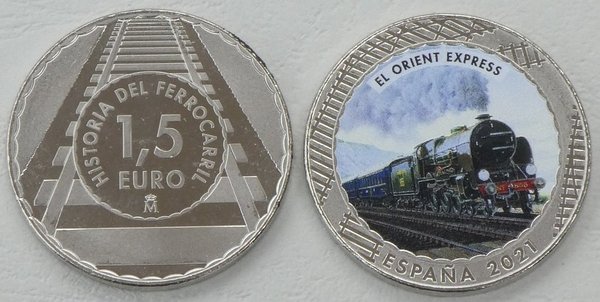 1,5 Euro Gedenkmünze Spanien 2021 Farbmünze Lokomotive El Orient-Express unz.