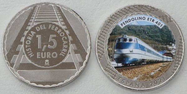 1,5 Euro Gedenkmünze Spanien 2021 Farbmünze Lokomotive Pendolino ETR 450 unz.