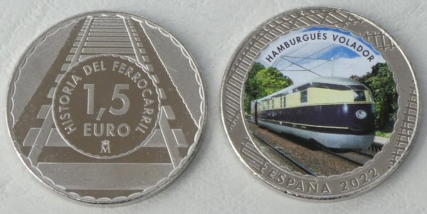 1,5 Euro Spanien 2022 Farbmünze Lokomotive Fliegender Hamburger unz.