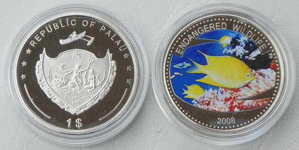 Palau 1 Dollar Farbmünze 2008 Endangered Wildlife Goldener Riffbarsch pp