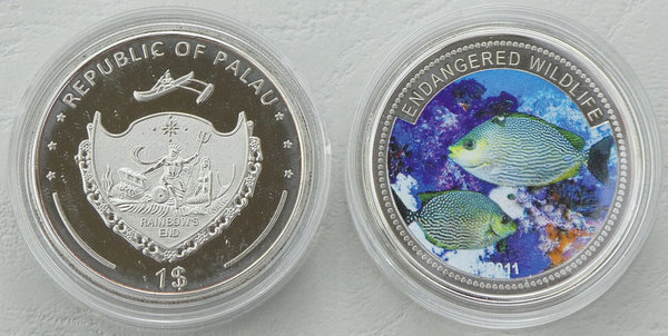 Palau 1 Dollar Farbmünze 2011 Endangered Wildlife Silberstreifen-Kaninchenfisch p581 pp
