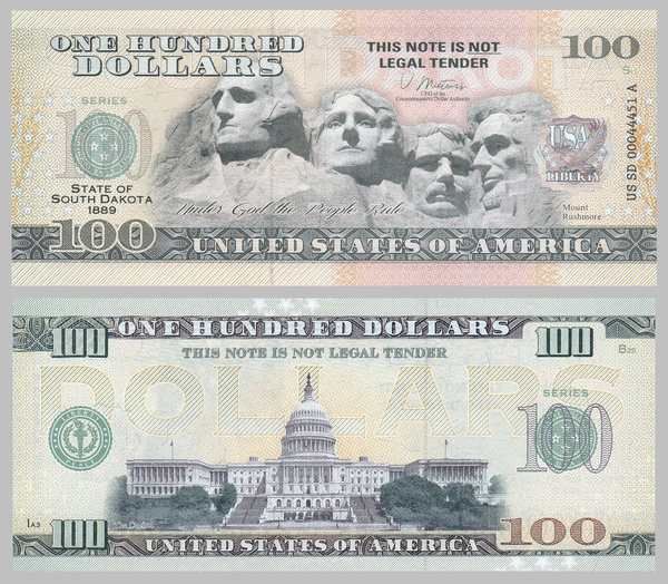USA 100 Dollars Souvenirschein novelty note - South Dakota - Mount Rushmore