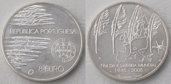 8 Euro Gedenkmünze Portugal 2005 60 Jahre Kriegsende Si / Ag unz