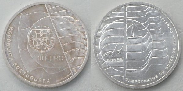 10 Euro Gedenkmünze Portugal 2007 Segel WM Si / Ag unz
