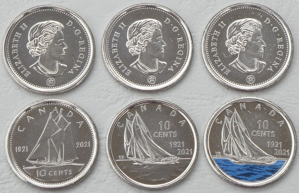 Kanada 3x10 Cents Gedenkmünzen 2021 Schoner Bluenose unz.