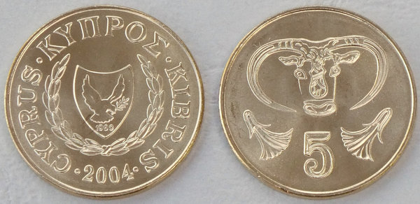 Zypern 5 Cents Kursmünze 2004 Stierkopf p55.3 unz.