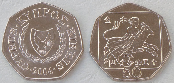 Zypern 50 Cents Kursmünze 2004 Göttin Europa p66 unz.