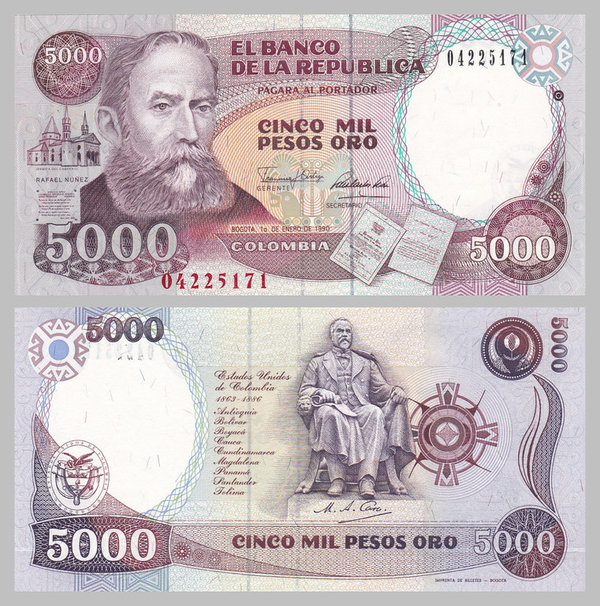Kolumbien 5000 Pesos Oro 1990 p436 unz.