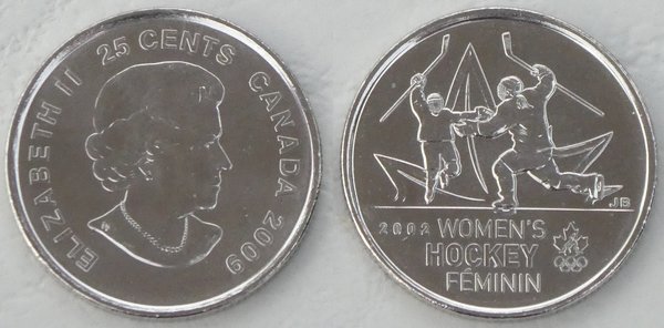 Kanada 25 Cents Gedenkmünze 2009 Olympiade Eishockey der Frauen p1064 unz.