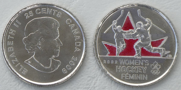 Kanada 25 Cents Gedenkmünze 2009 Olympiade Eishockey der Frauen p1064a in Farbe unz.